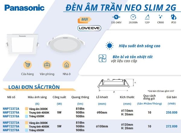 Đèn LED Âm Trần Panasonic 9W Dòng Neo Slim 2G