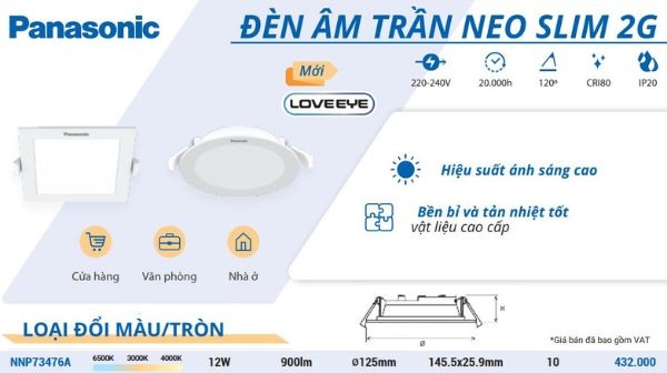 Thông Số Kỹ Thuật Của đèn LED âm Trần Panasonic 12W Neo Slim 2G Đổi Màu