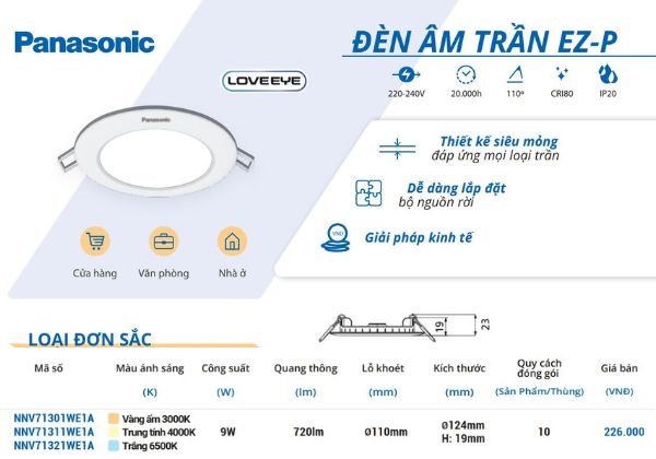 Đèn LED Âm Trần Panasonic EZ P 9W Siêu Mỏng