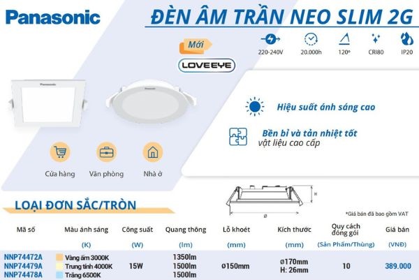 Đèn Led Âm Trần Panasonic 15W Neo Slim 2G