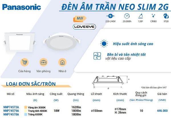 Đèn Led Âm Trần Panasonic 18W Neo Slim 2G