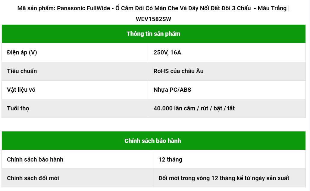 Thông Số Kỹ Thuật Ổ Cắm Đôi Panasonic